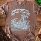 Brown t-shirt with "Bard Meeting" text and drawing of a bard with a computer.