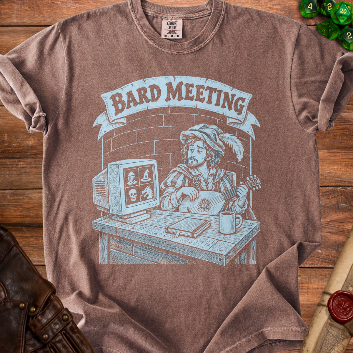 Brown t-shirt with "Bard Meeting" text and drawing of a bard with a computer.