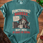 Skeleton in wizard hat with text "Functioning? Barely." and "More caffeine please".
