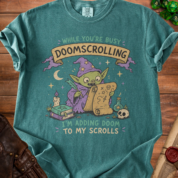 Doomscroll Wizard T-Shirt in Blue Spruce