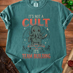 Teal t-shirt with Cthulhu illustration and "It's Not A Cult, It's Team Building" text.