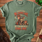 Mouse in knight armor holding a phone, with text "First in my bloodline to be chronically online".