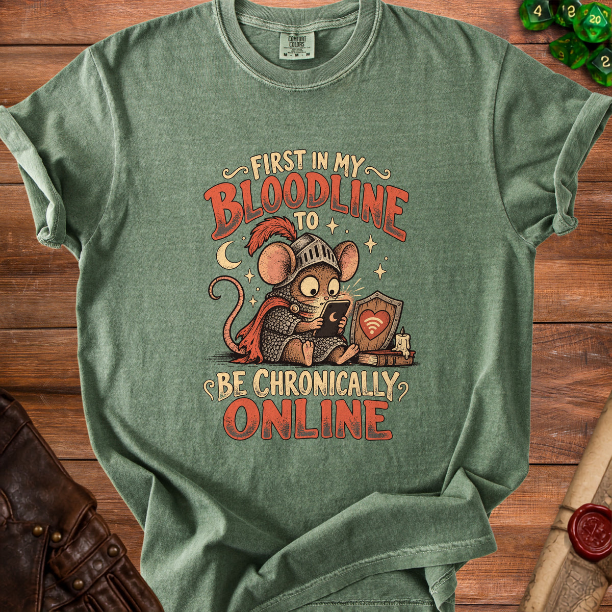 Mouse in knight armor holding a phone, with text "First in my bloodline to be chronically online".