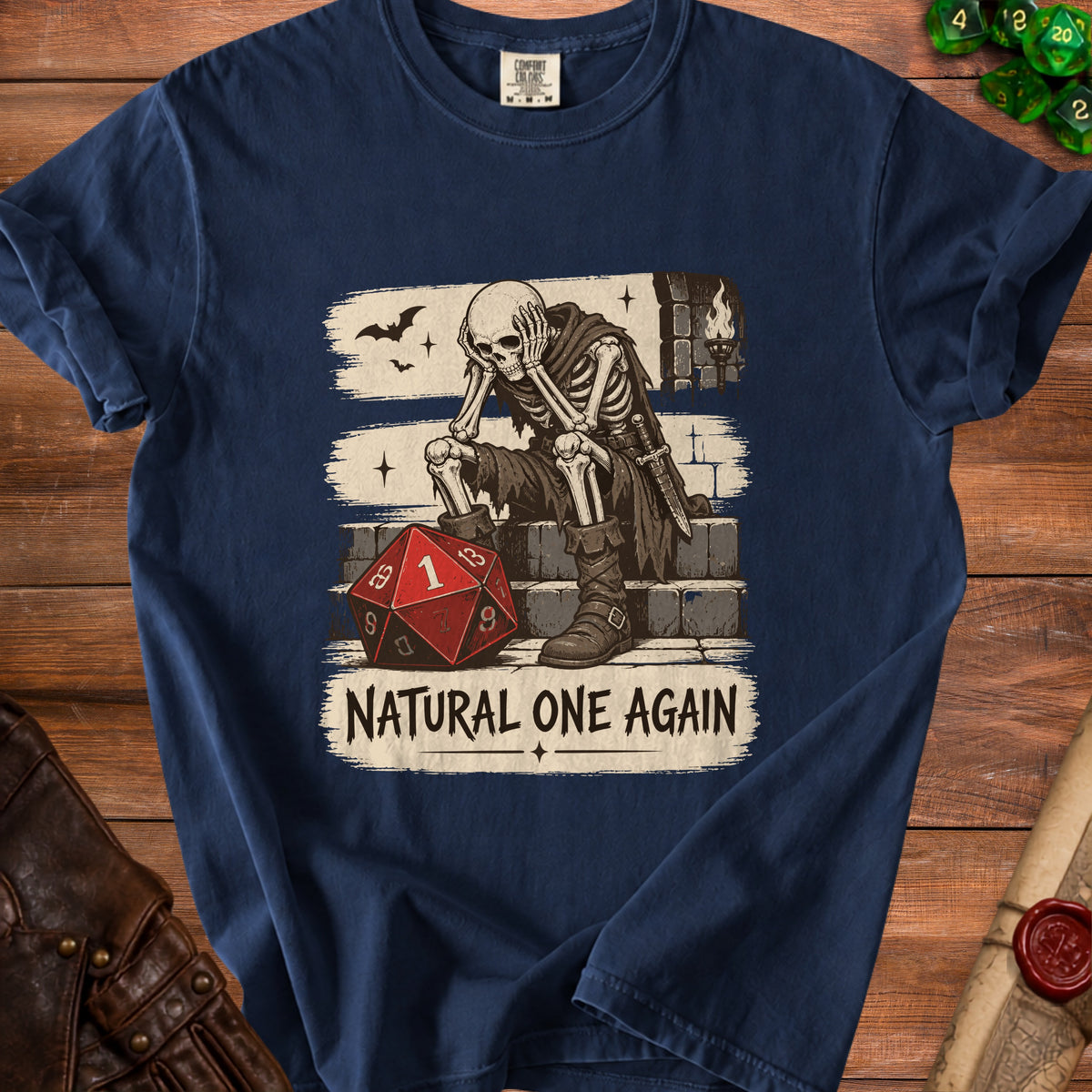 Skeleton sits on stairs with a D20 die and text "NATURAL ONE AGAIN".