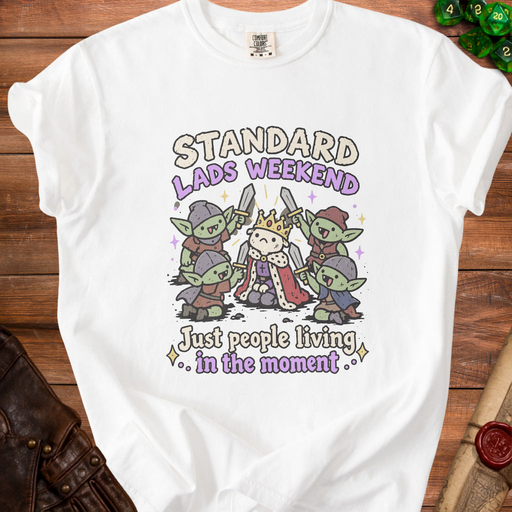White t-shirt with "Standard Lads Weekend" and goblins graphic, reading "Just people living in the moment."