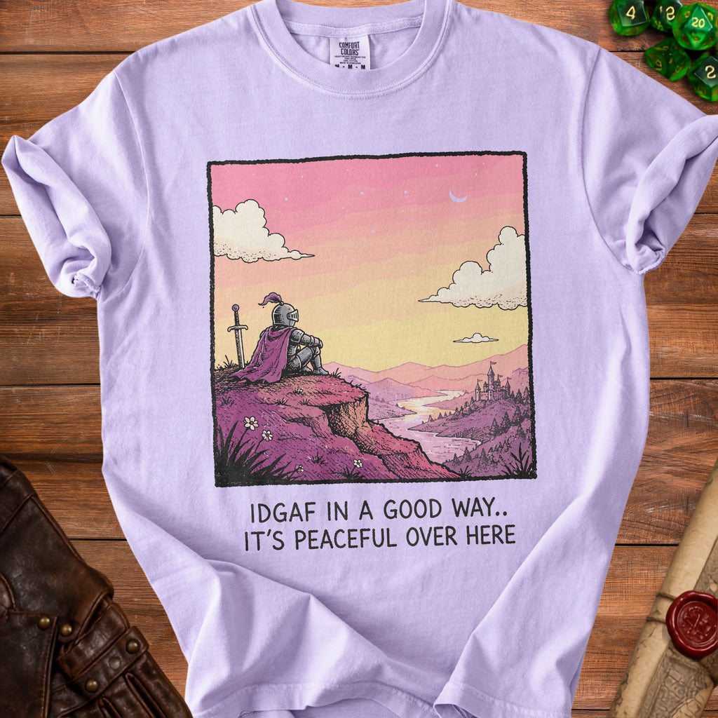 Knight sits on cliff overlooking valley and castle, text "IDGAF IN A GOOD WAY.. IT'S PEACEFUL OVER HERE"