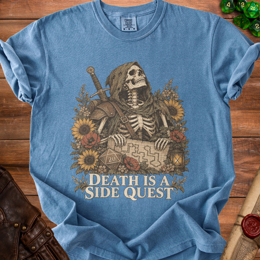 Skeleton in hooded robe holds map with dice and lantern, text reads "Death is a Side Quest".