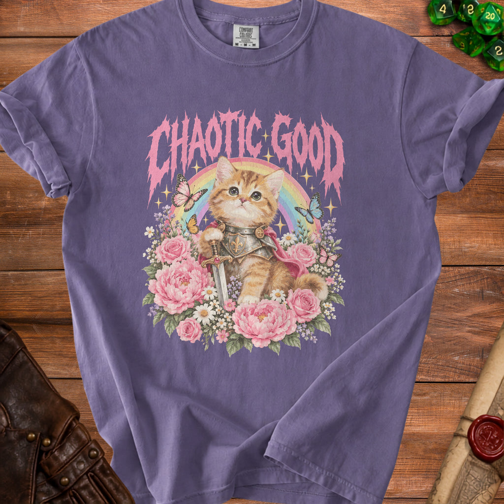 T-shirt with a kitten knight, rainbow, butterflies, and "Chaotic Good" text.