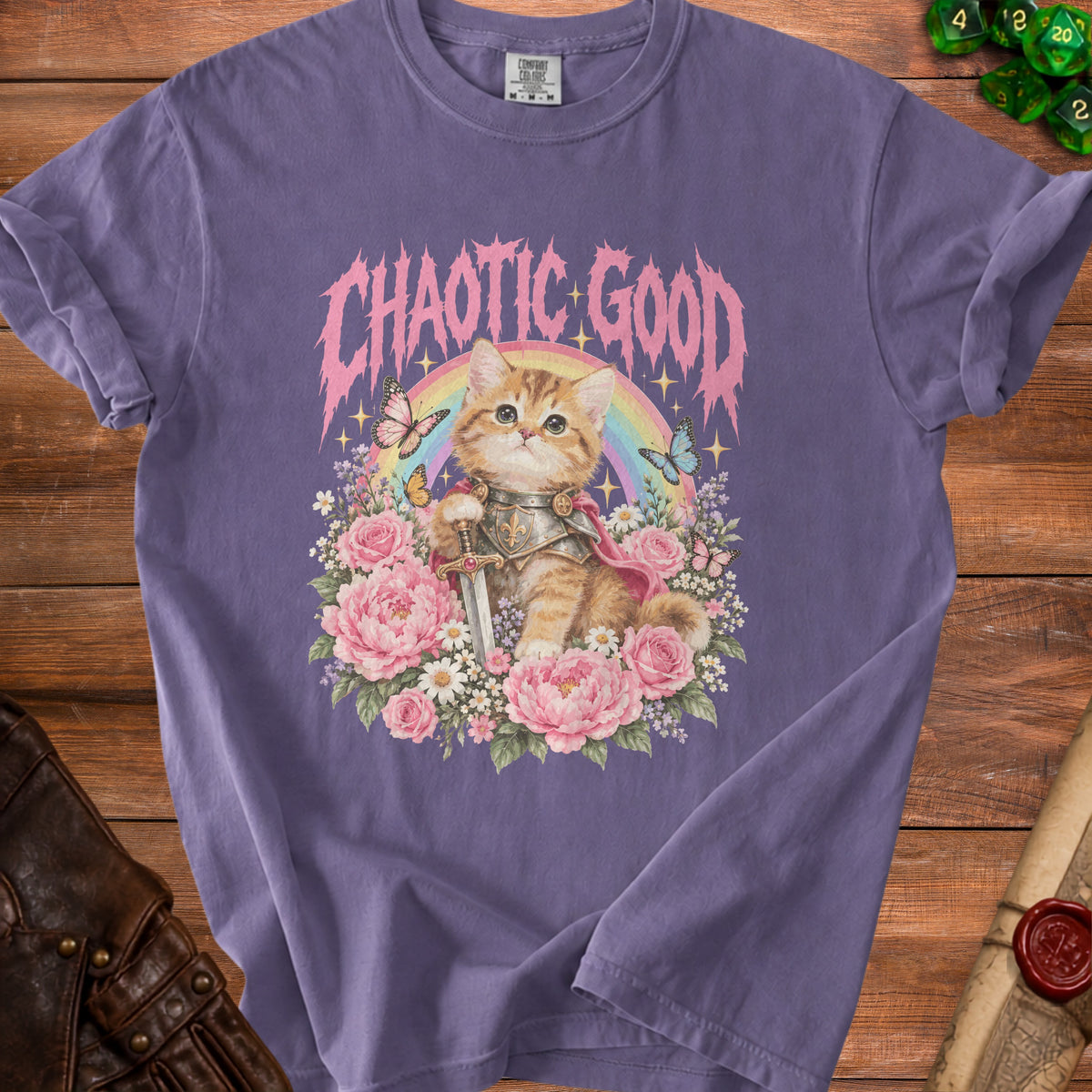 T-shirt with a kitten knight, rainbow, butterflies, and "Chaotic Good" text.