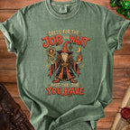 Green t-shirt with wizard graphic and text "Dress for the job you want not the job you have."