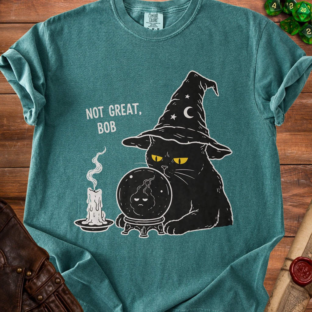 Black cat in wizard hat reads crystal ball, "Not Great, Bob" text.