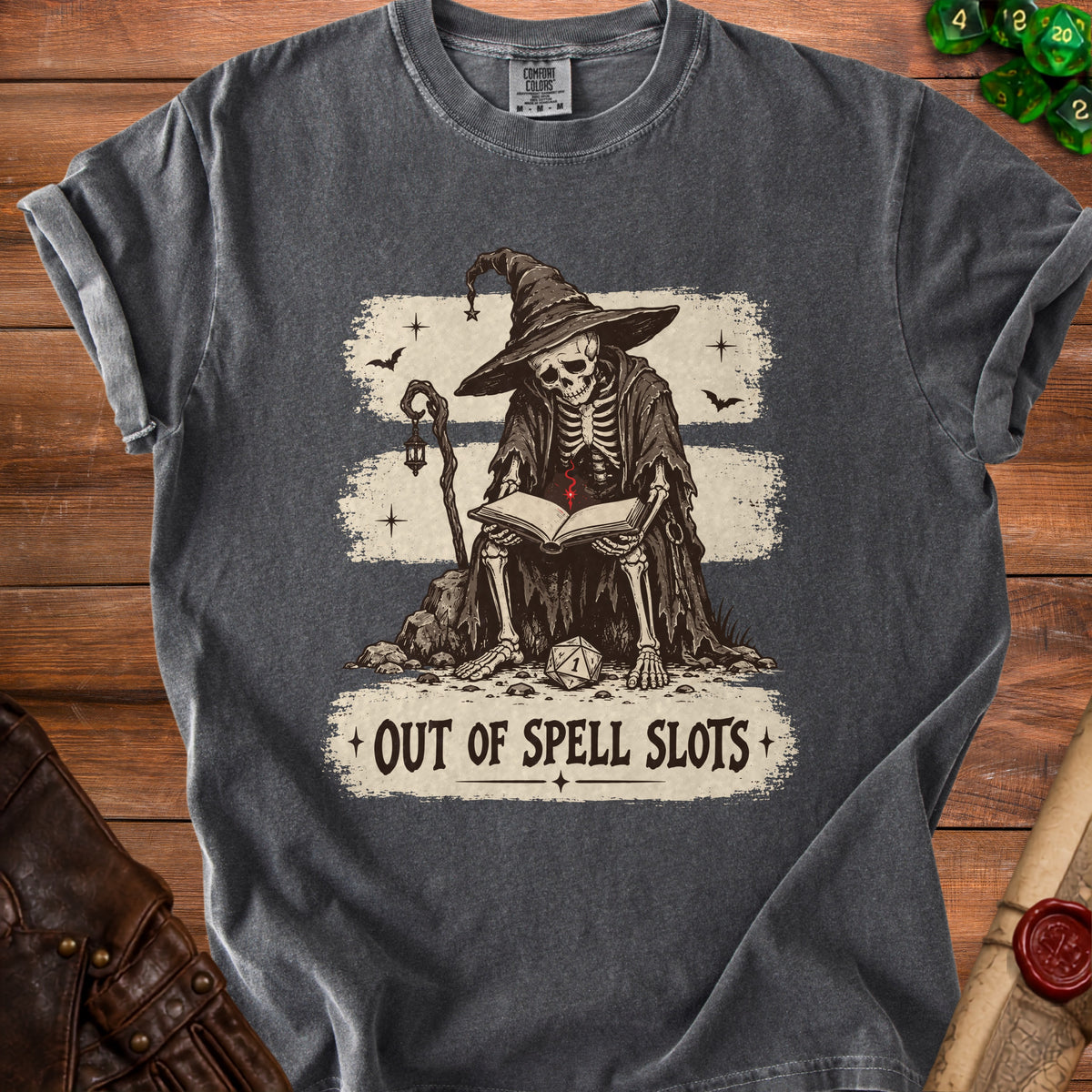Skeleton wizard reading a book with text "OUT OF SPELL SLOTS".