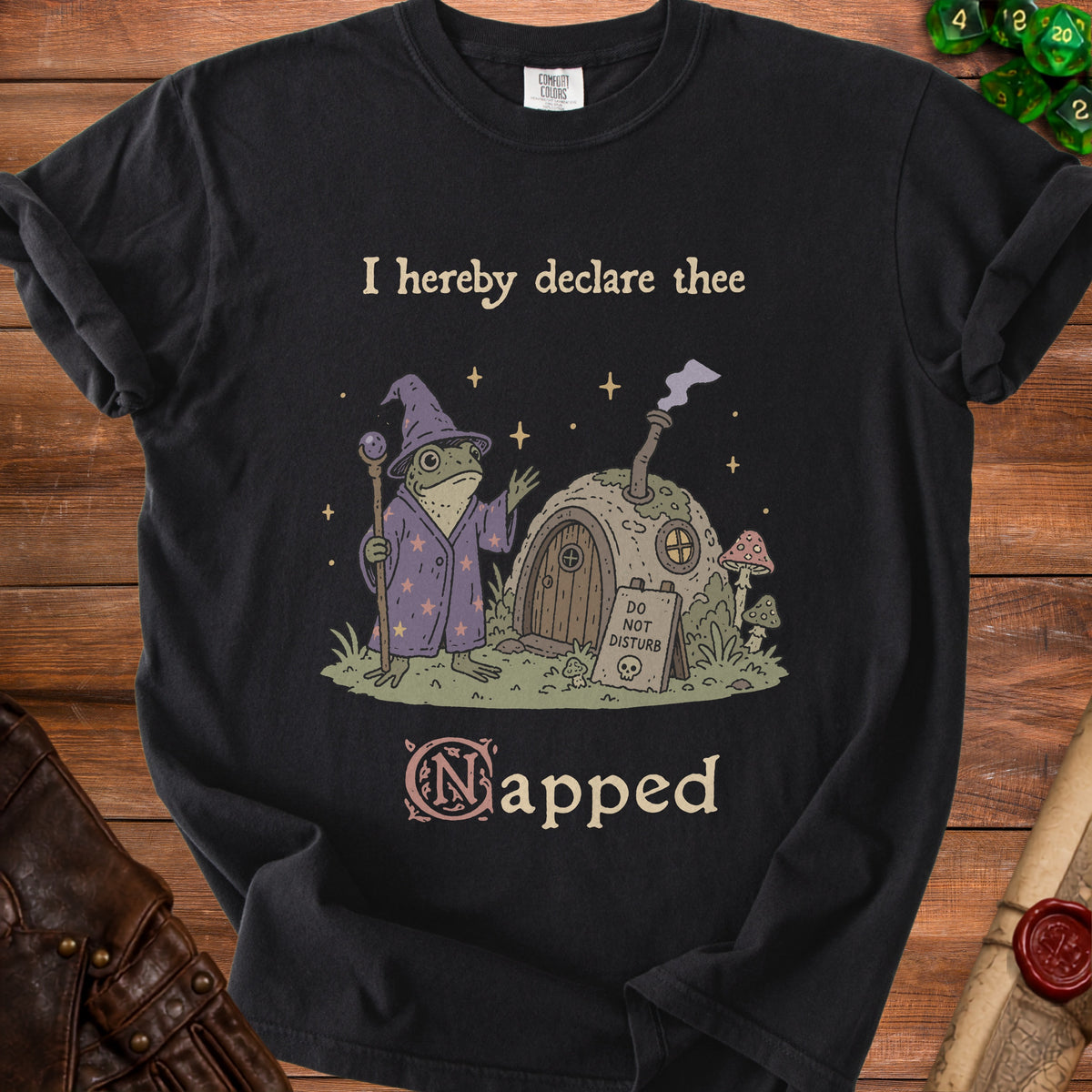 Wizard frog standing by a hobbit-like home with a "Do Not Disturb" sign.