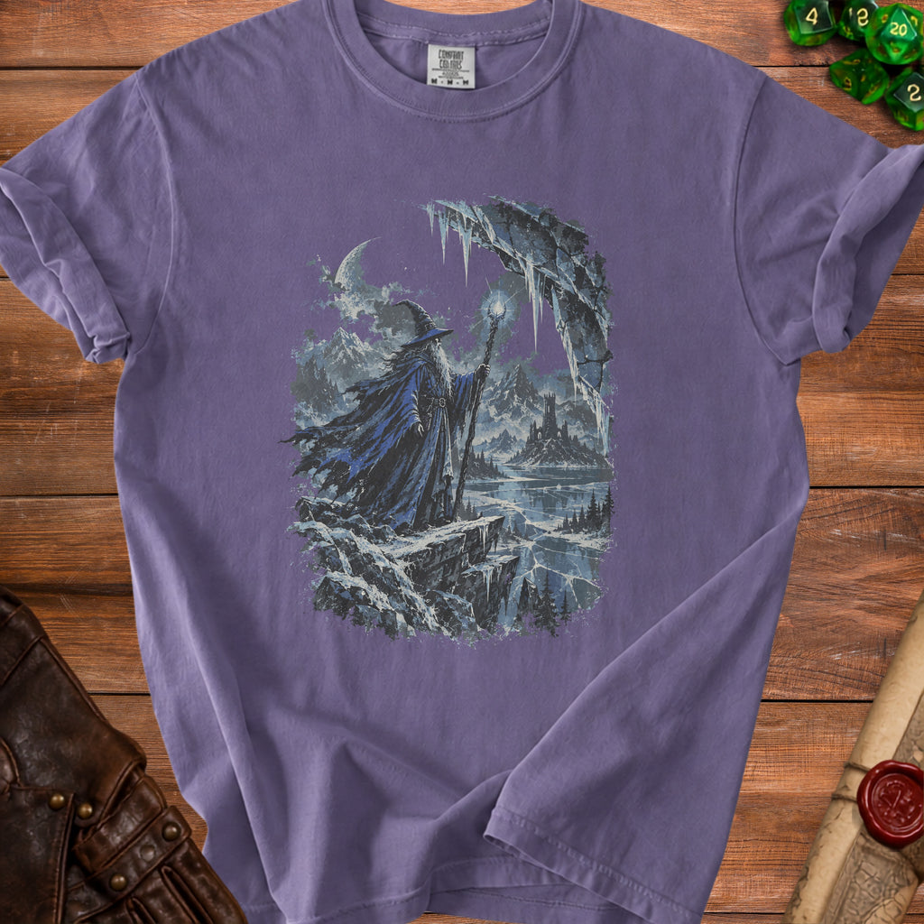 Wizard with staff and icy landscape on a purple t-shirt.