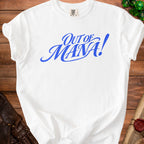 White t-shirt with blue "Out of Mana!" text and a Comfort Colors tag.