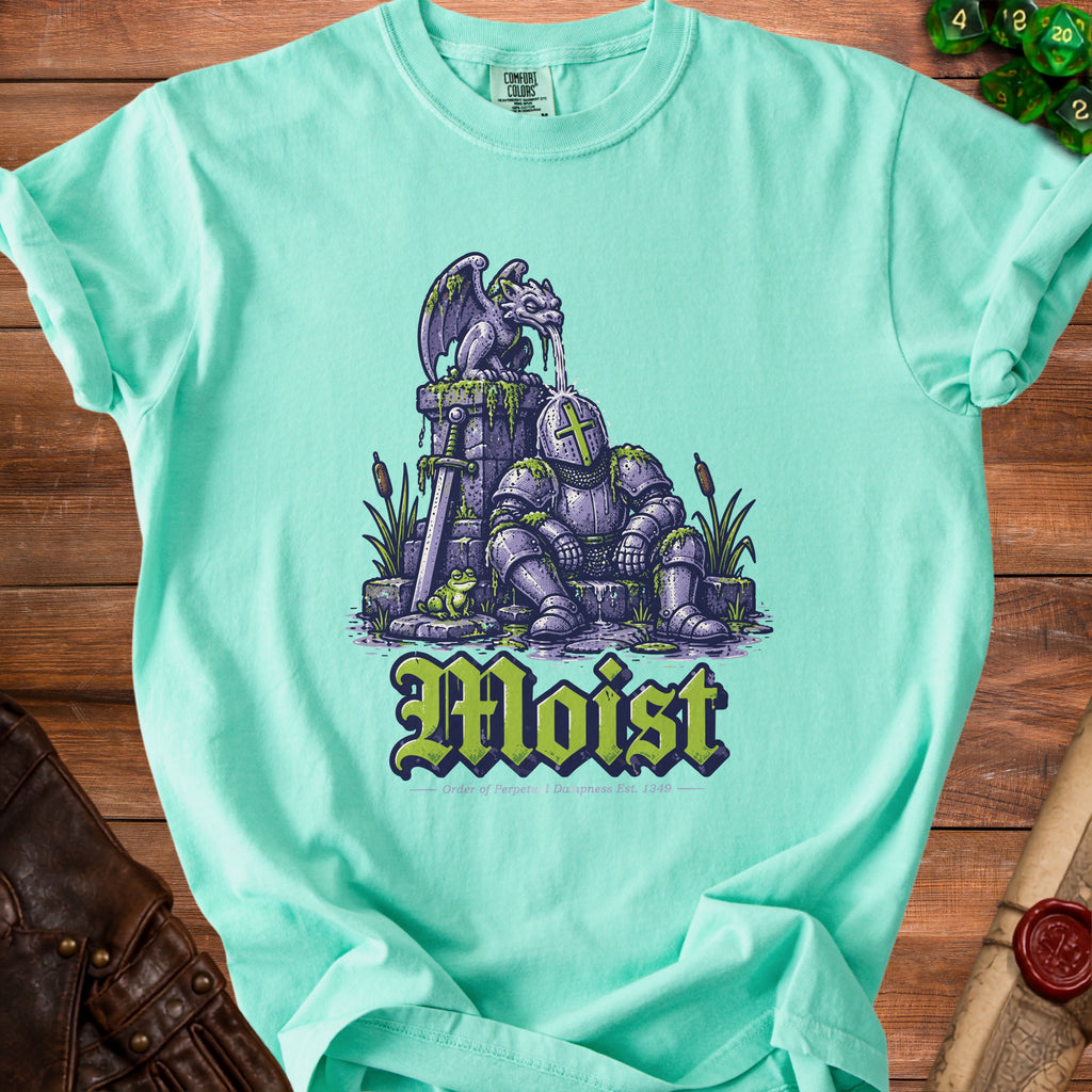 Teal t-shirt with "Moist" text featuring a gargoyle pouring water on a knight.
