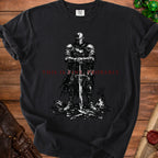 Black t-shirt with knight illustration and red text "THIS IS FINE, PROBABLY".
