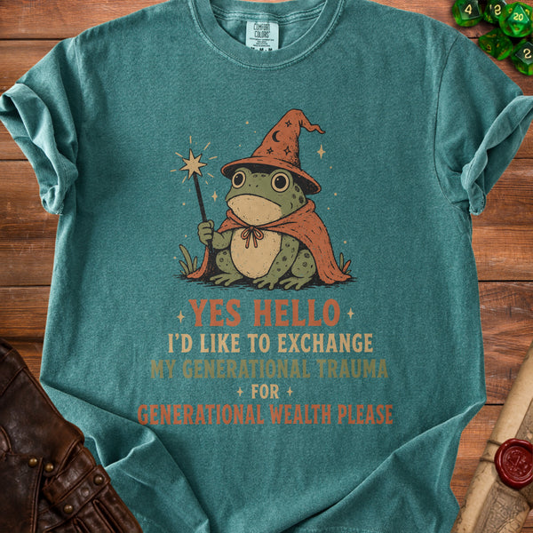 Wizard Frog Wealth Strategist T-Shirt in Blue Spruce
