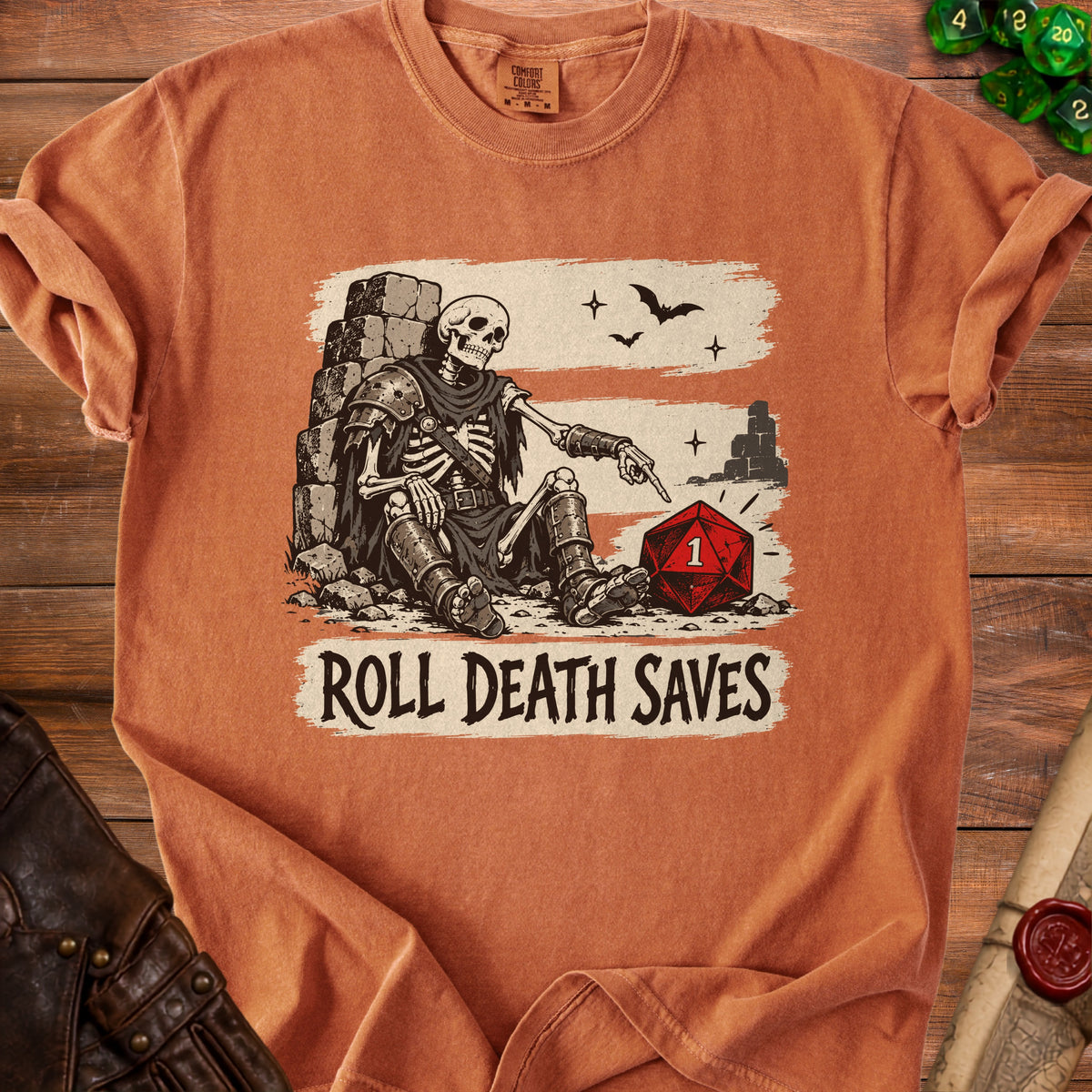 Skeleton points at a '1' on a red d20 die with "Roll Death Saves" text.