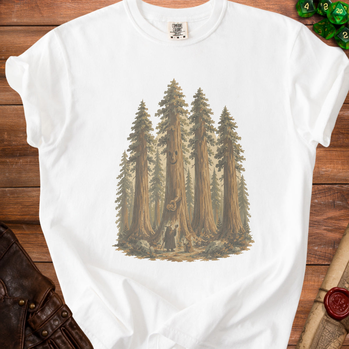 T-shirt featuring a forest scene with anthropomorphic trees and costumed figures.