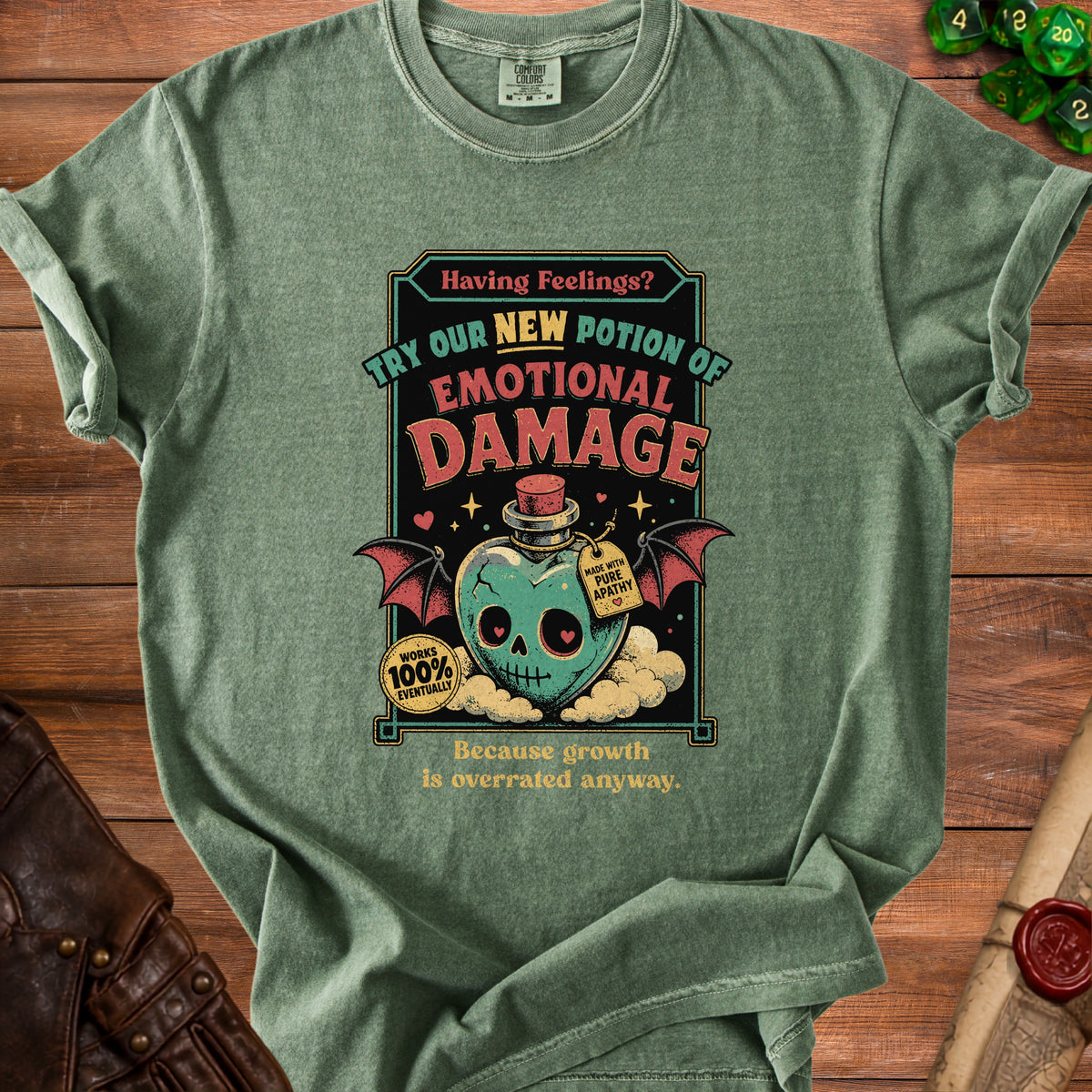 T-shirt with "Emotional Damage" potion graphic and text.