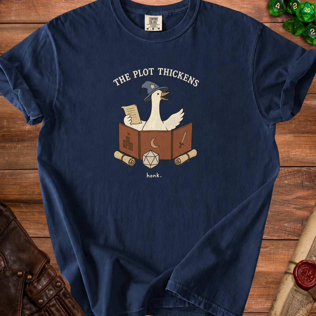Navy t-shirt with a goose wearing a wizard hat and reading a scroll.