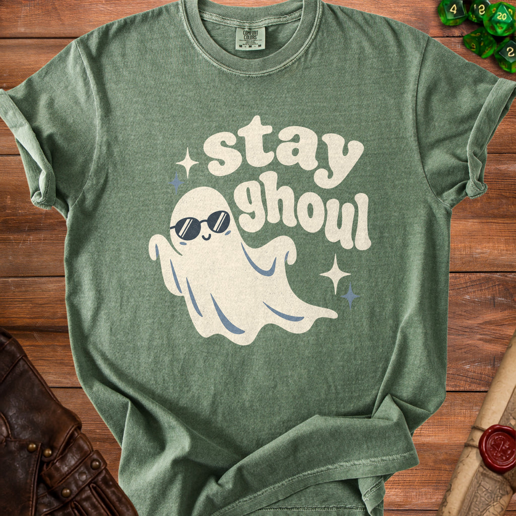 Green t-shirt with "stay ghoul" text and a ghost wearing sunglasses.