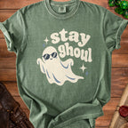 Green t-shirt with "stay ghoul" text and a ghost wearing sunglasses.