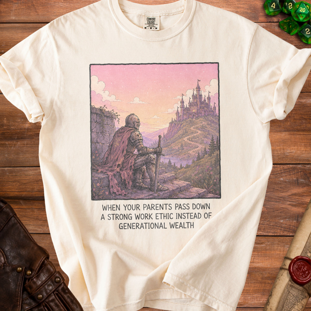 Cream t-shirt with knight and castle graphic and text about work ethic.