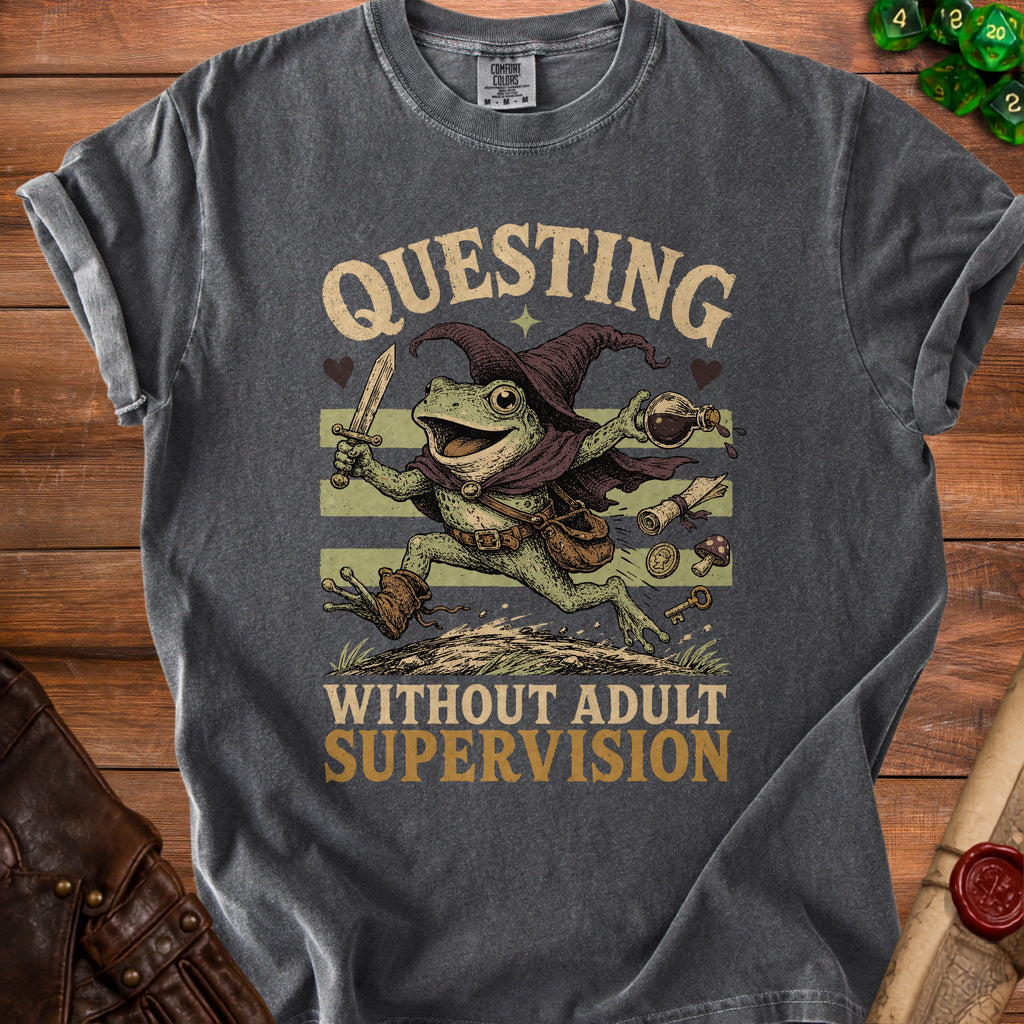 Frog wearing wizard hat with sword and potion, text "QUESTING WITHOUT ADULT SUPERVISION".