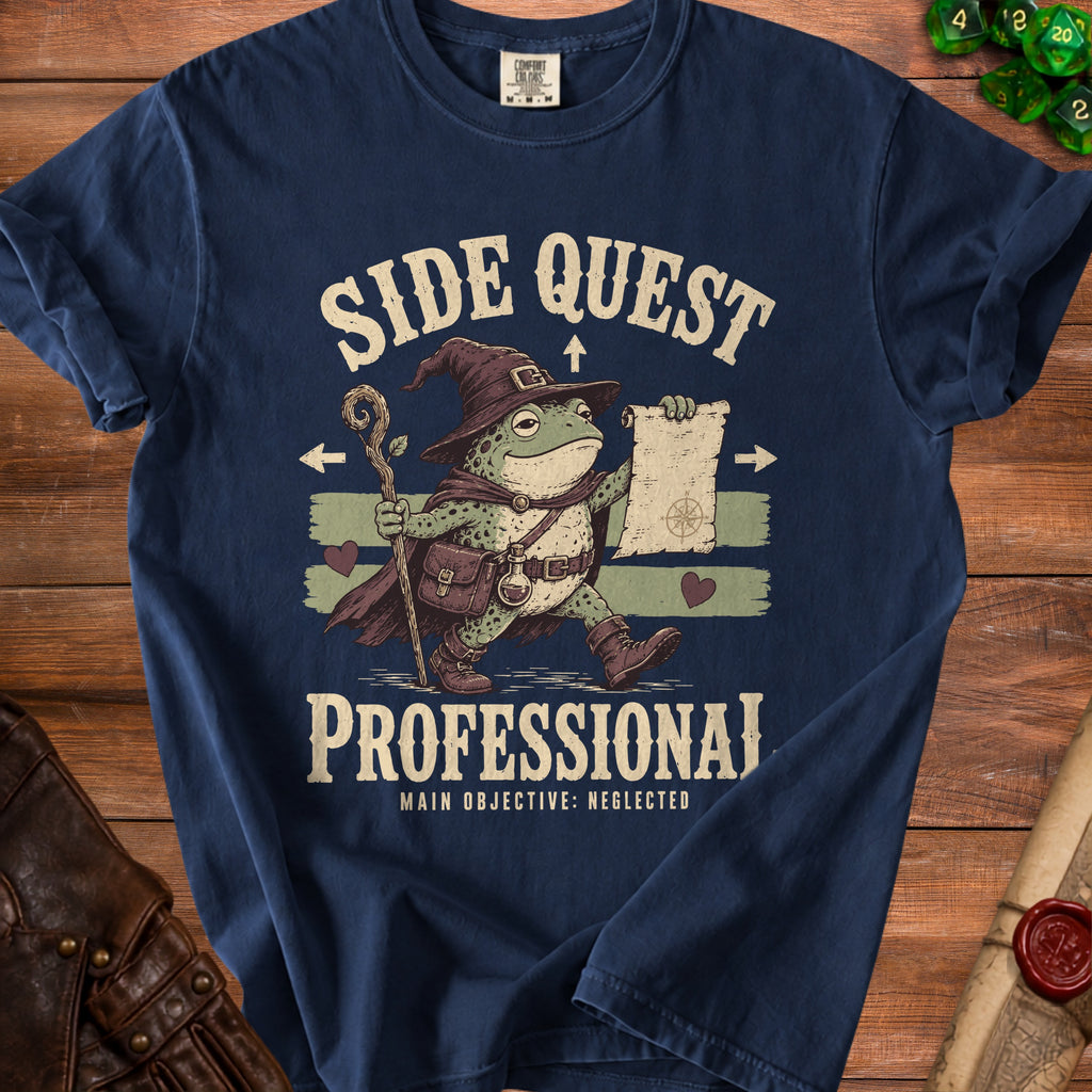 Frog wizard holding a scroll with text "SIDE QUEST PROFESSIONAL MAIN OBJECTIVE: NEGLECTED".