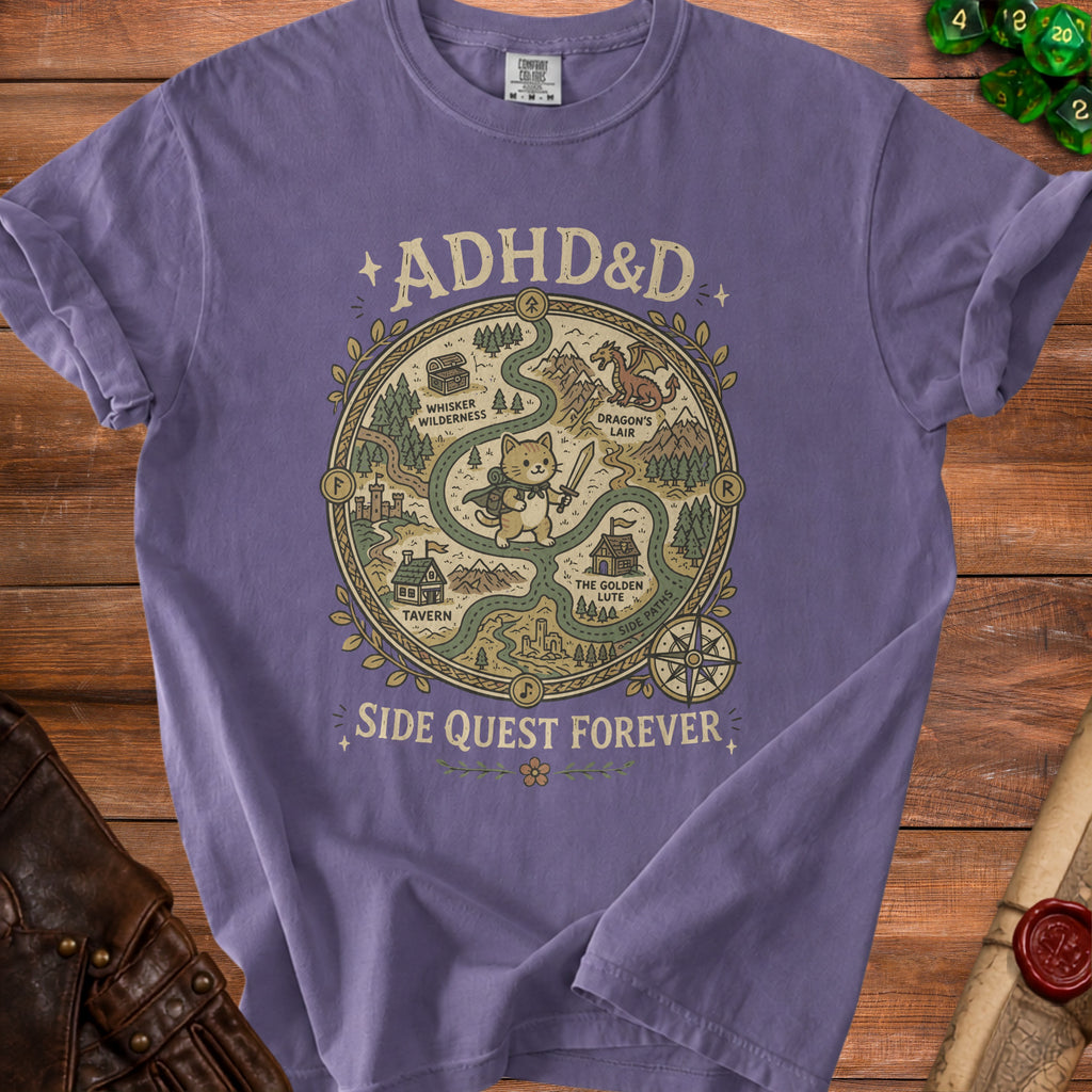 Purple t-shirt with "ADHD&D Side Quest Forever" text and a map graphic.