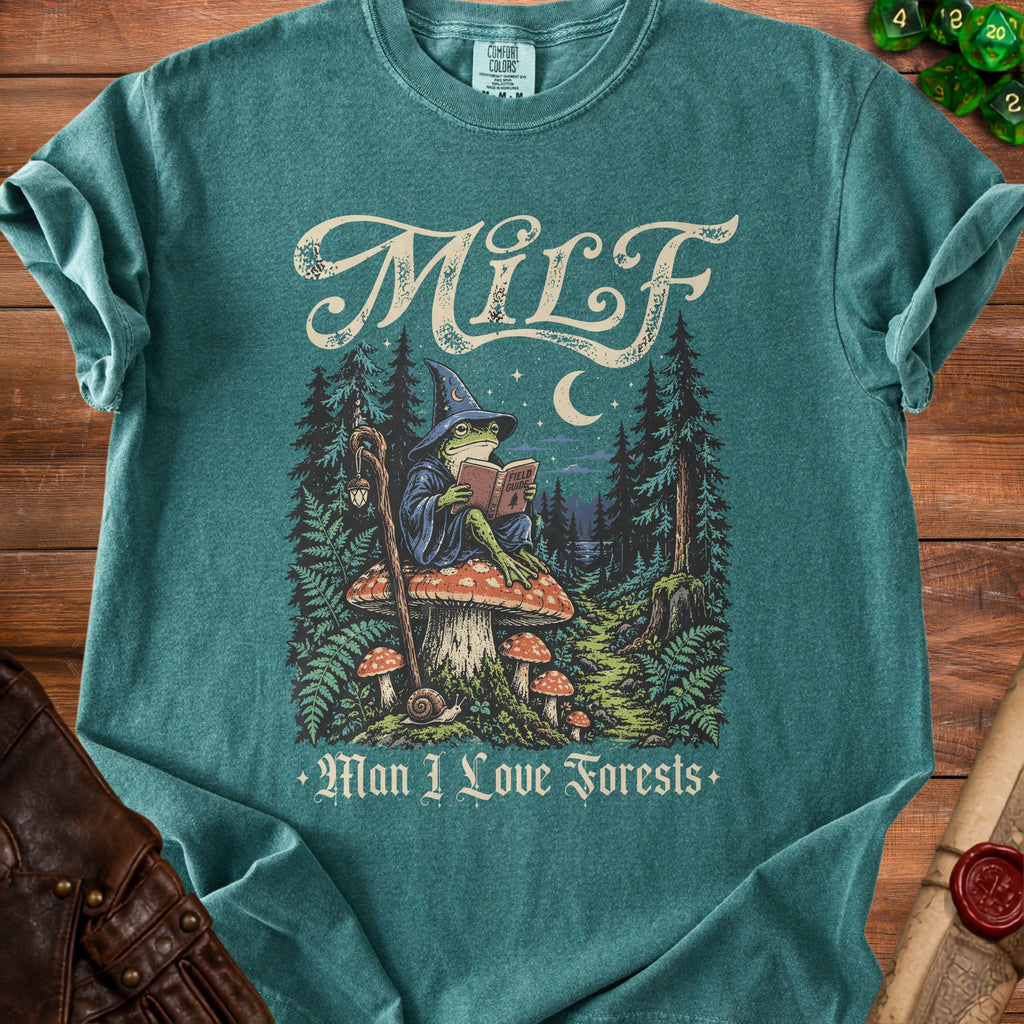 Frog wizard with "MILF" and "Man I Love Forests" text in a forest scene.