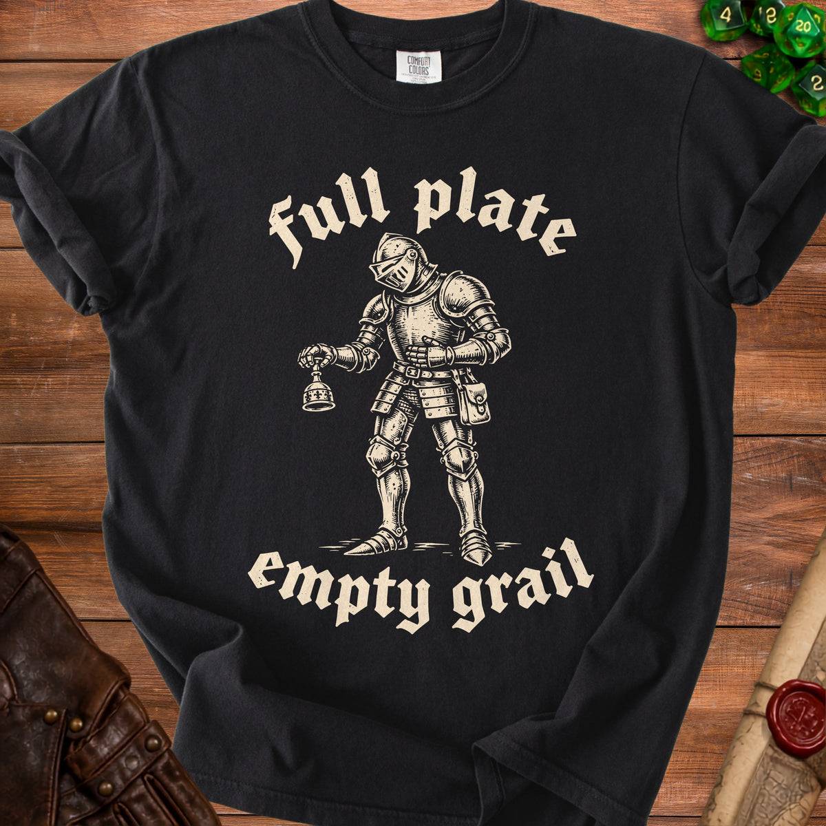 Black t-shirt with knight graphic and text "full plate empty grail".