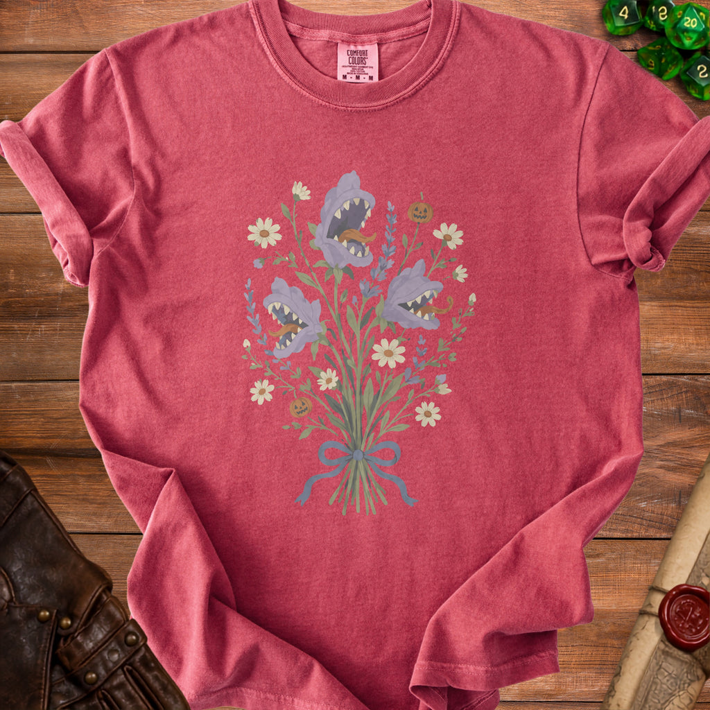 Red t-shirt with spooky floral graphic and Comfort Colors tag.