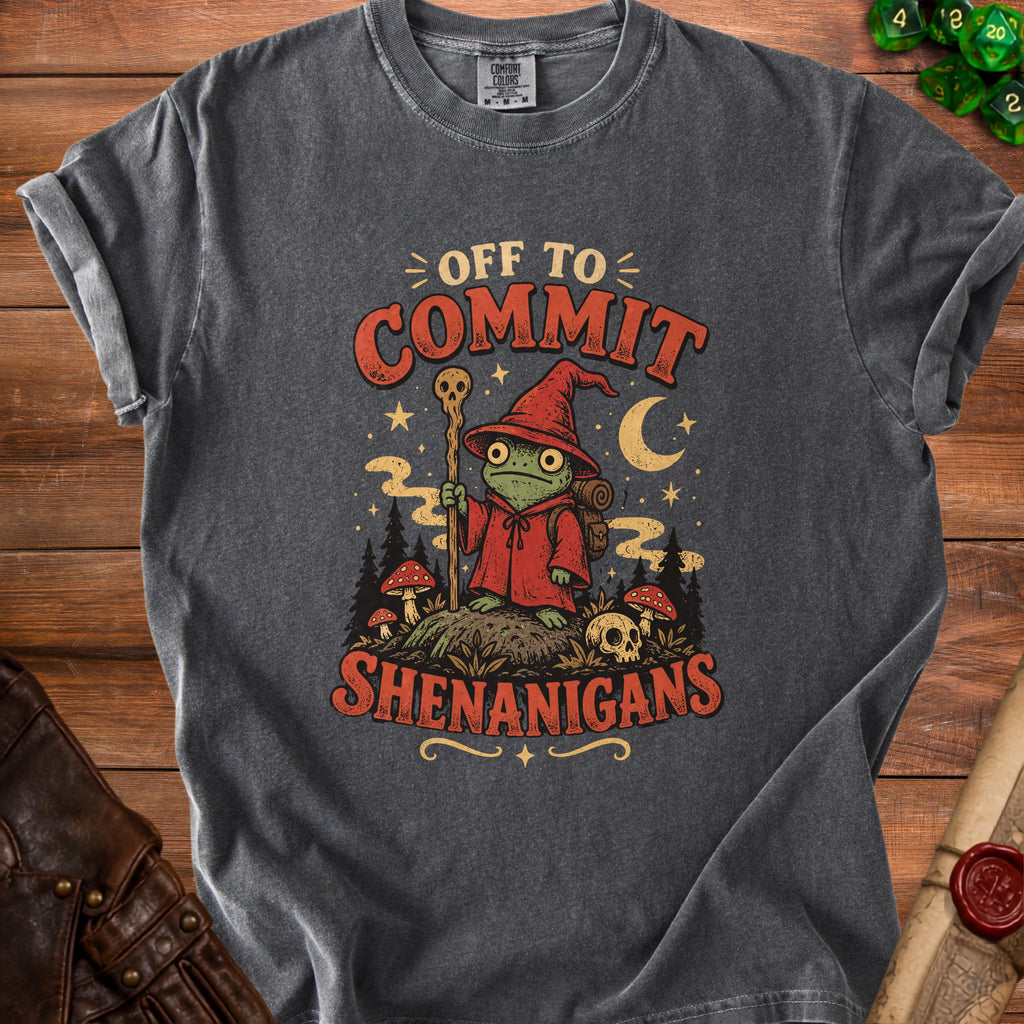Dark grey t-shirt with frog wizard graphic and text "Off to Commit Shenanigans".