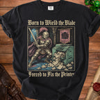 Knight with sword stands before a malfunctioning printer, text reads "Born to Wield the Blade, Forced to Fix the Printer".