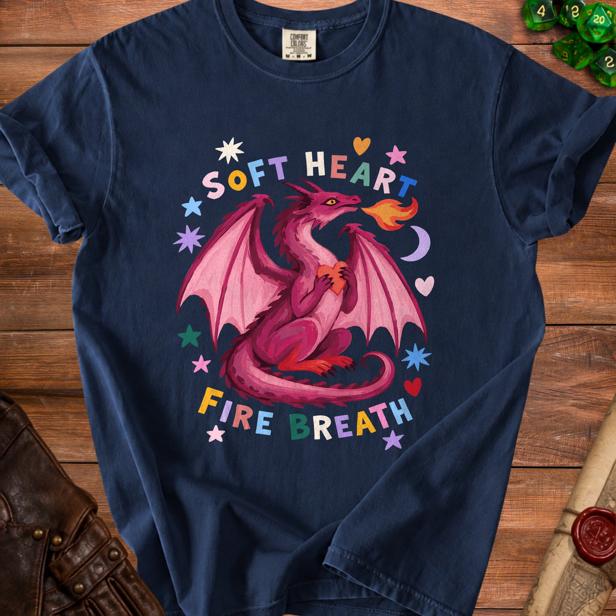 Navy t-shirt with pink dragon and text "Soft Heart Fire Breath"
