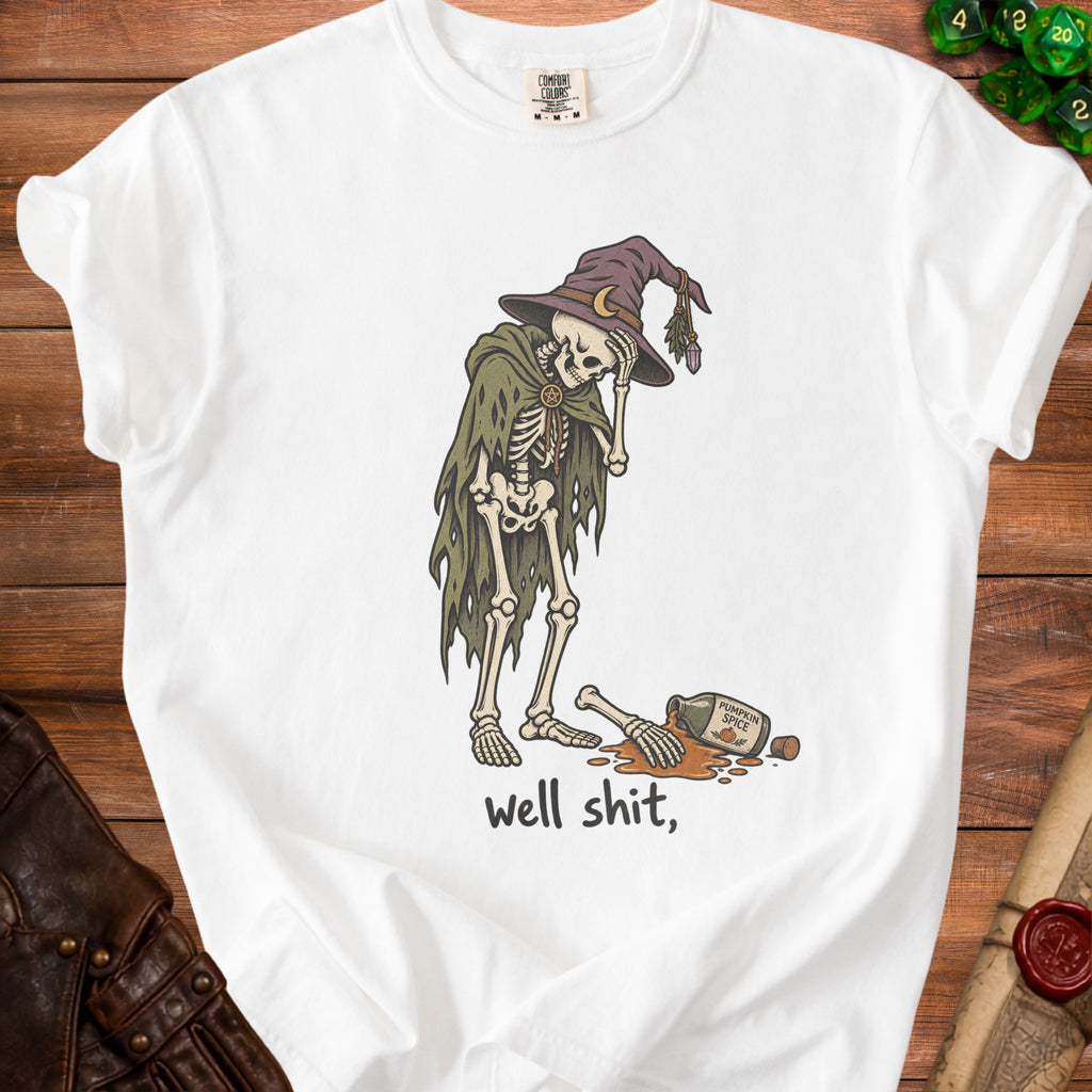 Skeleton witch with a fallen pumpkin spice bottle and "well shit," text.