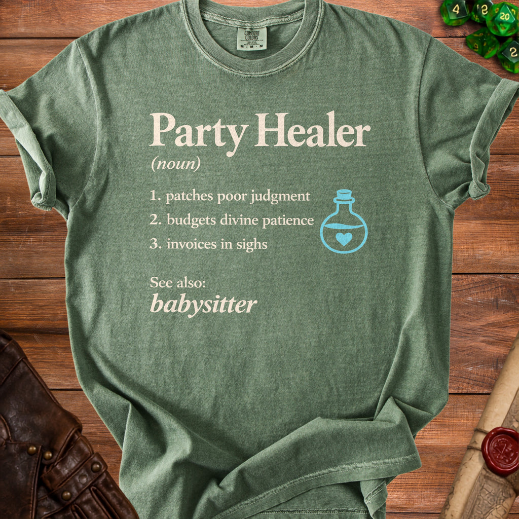 Green t-shirt with "Party Healer (noun)" definition and potion graphic.