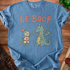 Blue t-shirt with knight booping dragon design and text "LE BOOP".