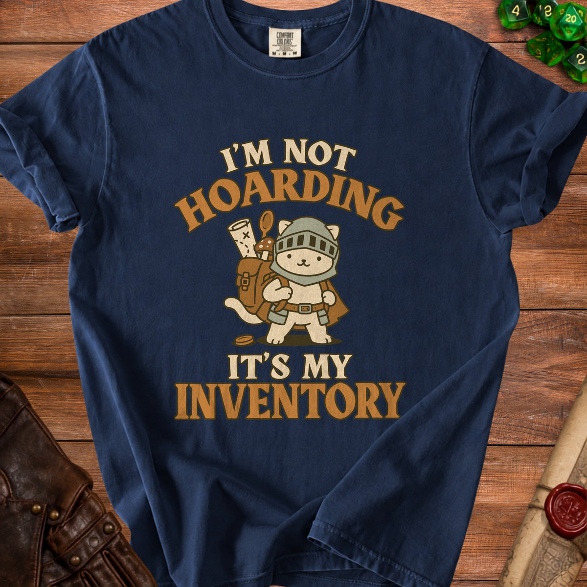 T-shirt with a cat in armor and text "I'm not hoarding it's my inventory."