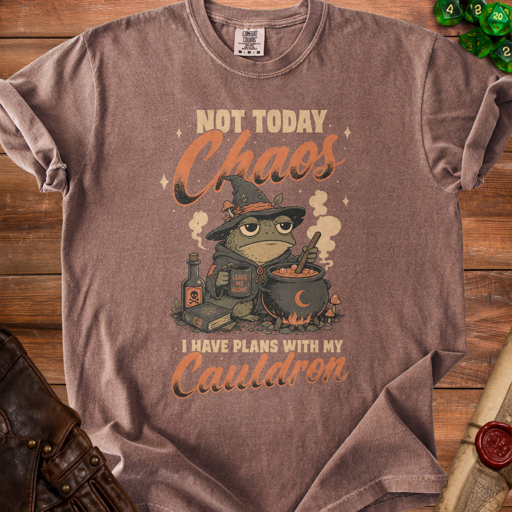 Brown t-shirt with cartoon frog witch and text "Not Today Chaos I Have Plans With My Cauldron".