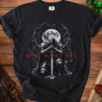 Black t-shirt with knight kneeling before a moon and gothic window, text "ONE MORE TRY".