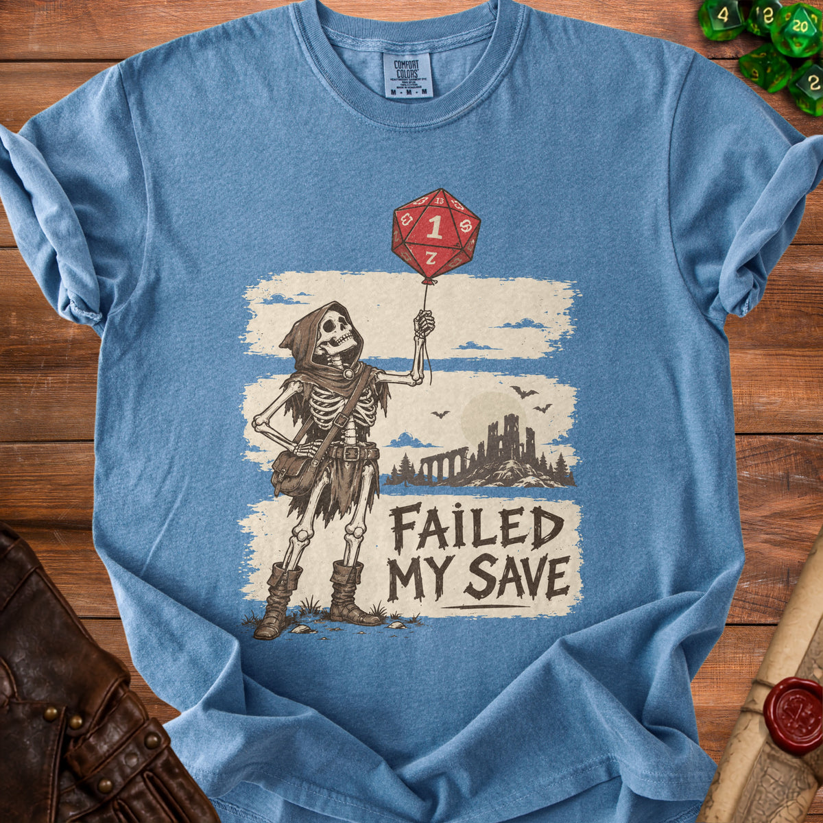 Skeleton holding a d20 balloon with "FAILED MY SAVE" text.