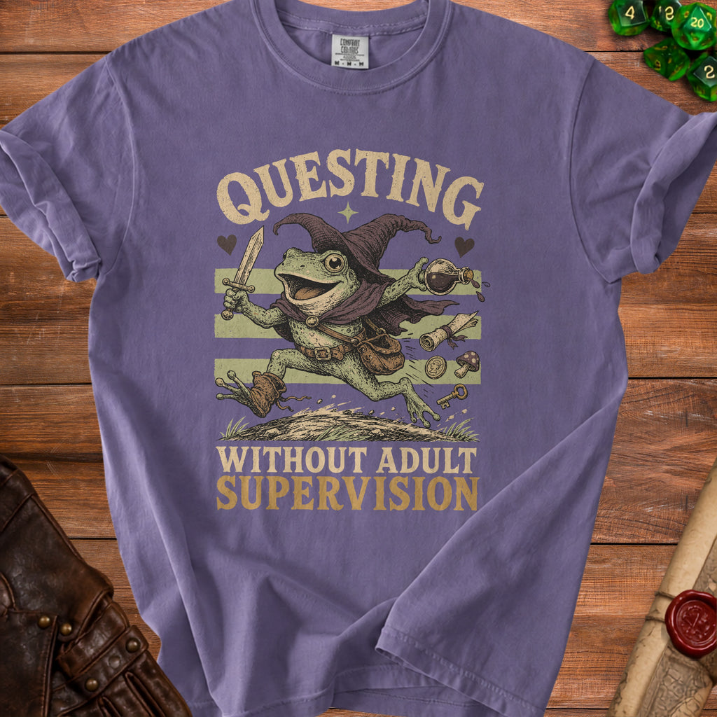 Frog in wizard hat running with sword and potion, text: Questing Without Adult Supervision.