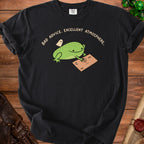 Black t-shirt with a frog, ghost, and Ouija board graphic with text.