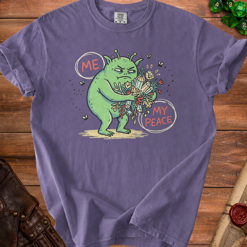Green alien holding a bouquet of flowers with text ME and MY PEACE.