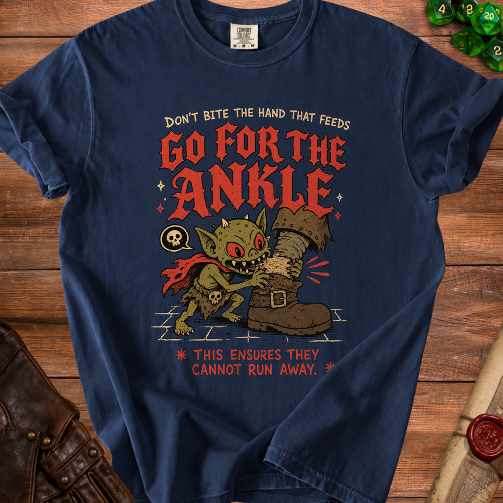 Goblin biting boot with text "Go for the Ankle" and "This ensures they cannot run away".