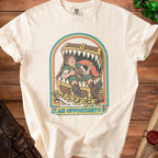 Cream t-shirt graphic of a hobbit sitting in a treasure chest with text "AN OPPORTUNITY!".